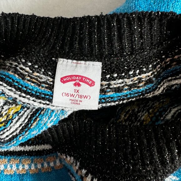 Holiday Time Sweater Womens 1X Christmas Polar Bear Black Blue Fair Isle - Picture 3 of 9